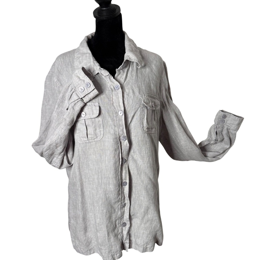 Melanie Lyne 100% Linen Utility Button Blouse Size‎ 14 Gray Minimalist Casual
